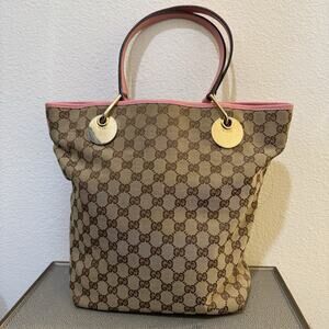 Gucci Monogram GG Eclipse Tote Bucket Bag Pink Leather Trim Shoulder Strap